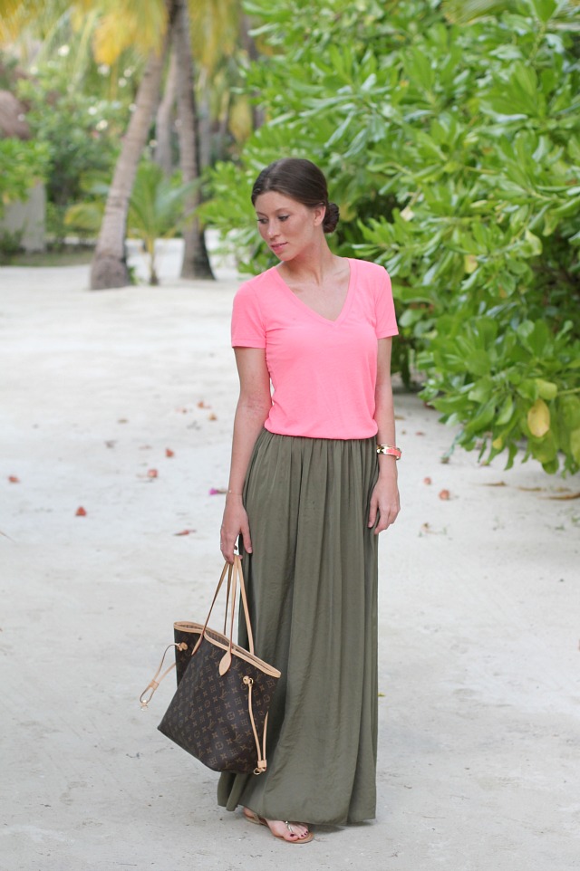 neon shirt + olive maxi skirt outfit