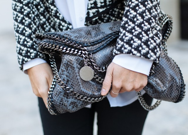 OUTFIT: black & white // Equipment silk blouse, ZARA jeans & loafers, Stella McCartney falabella bag, BA&SH jacket