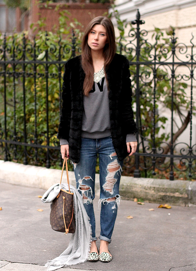weekend wear: ripped jeans, leopard loafers & faux fur jacket