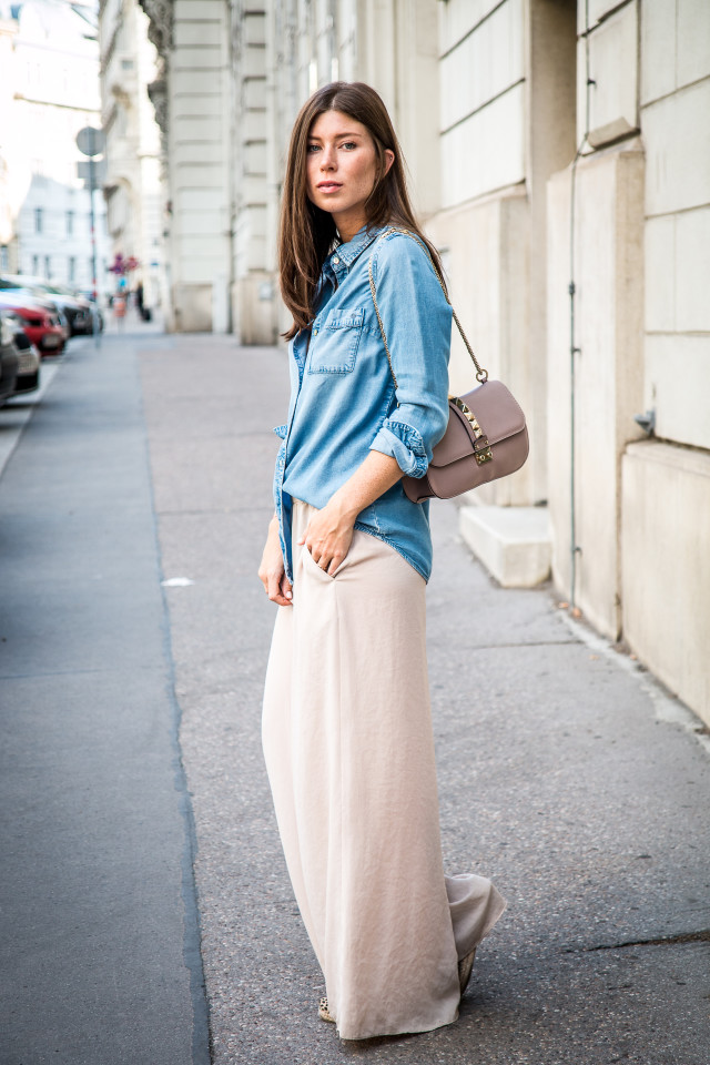 OUTFIT: palazzo pants & denim shirt | Bikinis & Passports