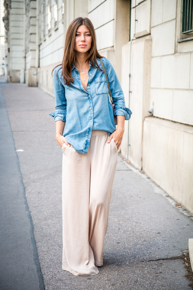 OUTFIT: palazzo pants & denim shirt | Bikinis & Passports