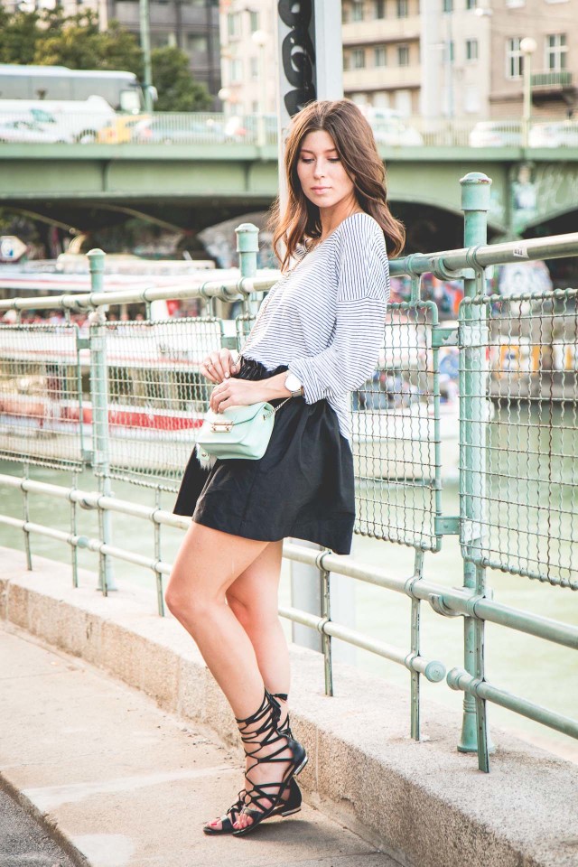 OUTFIT: black flared skirt + striped shirt | Bikinis & Passports