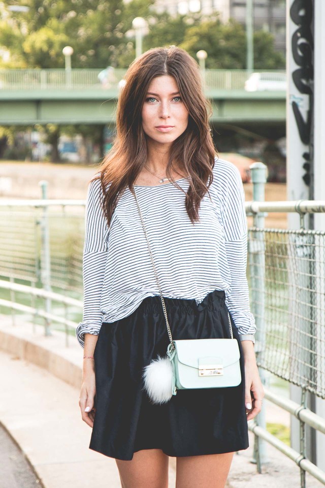 OUTFIT: black flared skirt + striped shirt | Bikinis & Passports