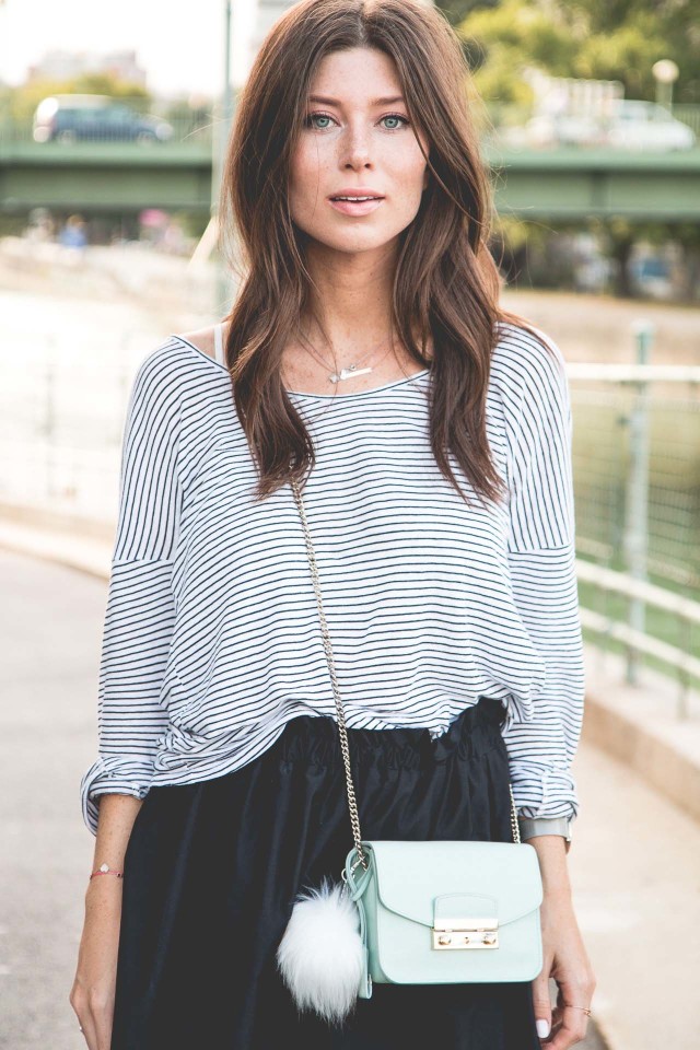 OUTFIT: black flared skirt + striped shirt | Bikinis & Passports