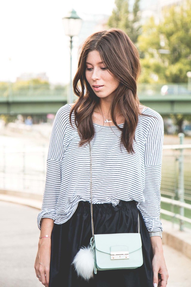 OUTFIT: black flared skirt + striped shirt | Bikinis & Passports