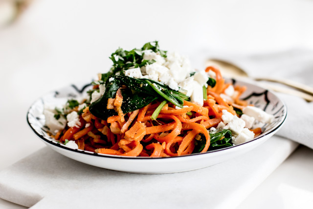 Kenwood Spiralizer Sweet Potato Noodles with Spinach & Feta Recipe | Bikinis & Passports