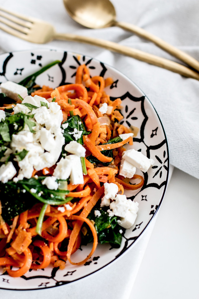 Kenwood Spiralizer Sweet Potato Noodles with Spinach & Feta Recipe | Bikinis & Passports