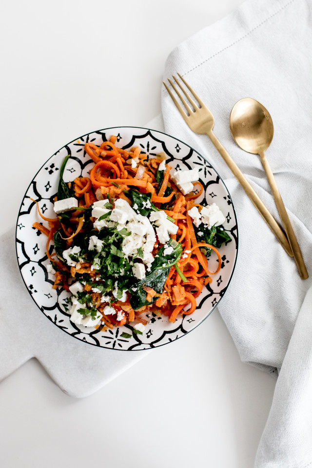 Kenwood Spiralizer Sweet Potato Noodles with Spinach & Feta Recipe | Bikinis & Passports