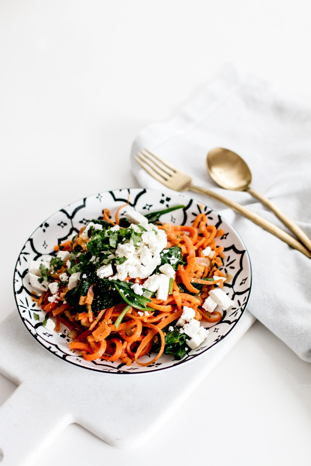 Kenwood Spiralizer Sweet Potato Noodles with Spinach & Feta Recipe | Bikinis & Passports