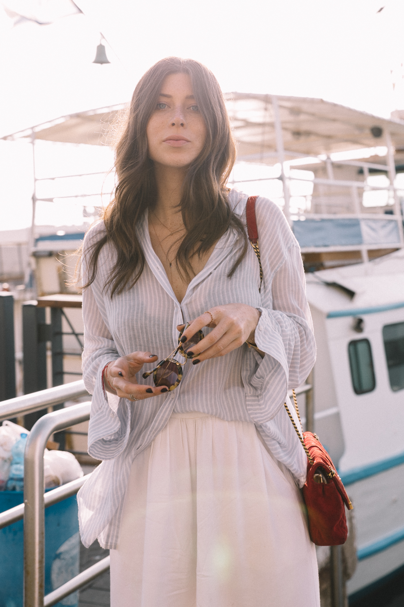 Nautical Style: White Palazzo Pants + Striped Blouse | Bikinis & Passports